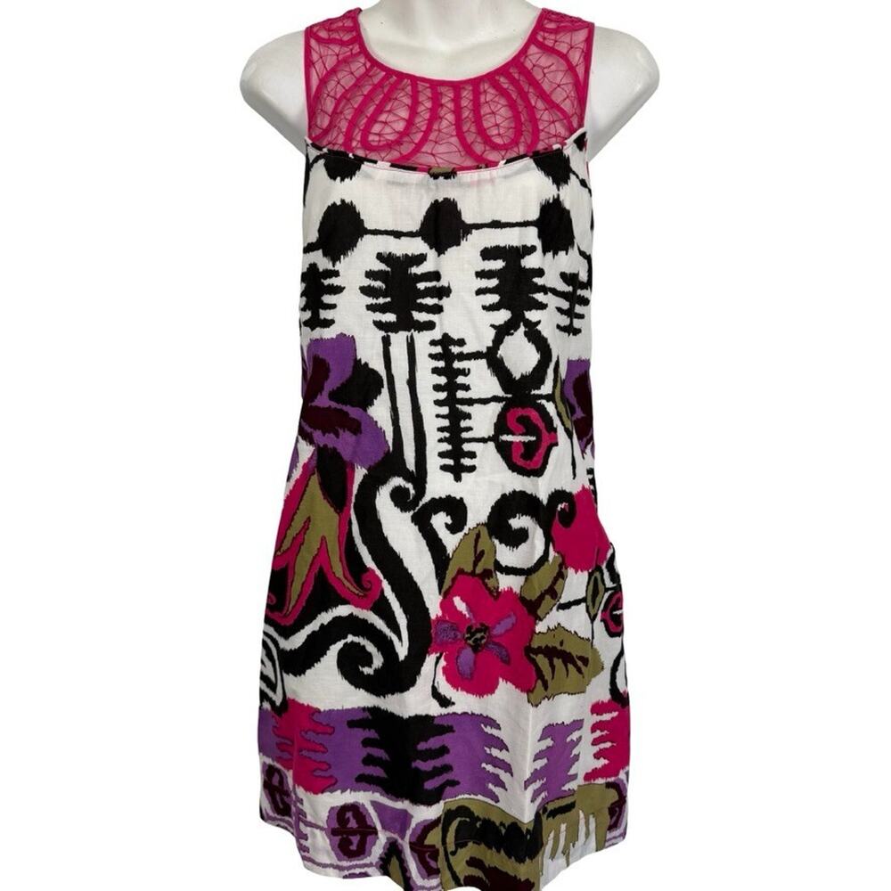 Aryeh Womens Sleeveless Mini Print 100% Cotton White Pink Brown Dress sz M